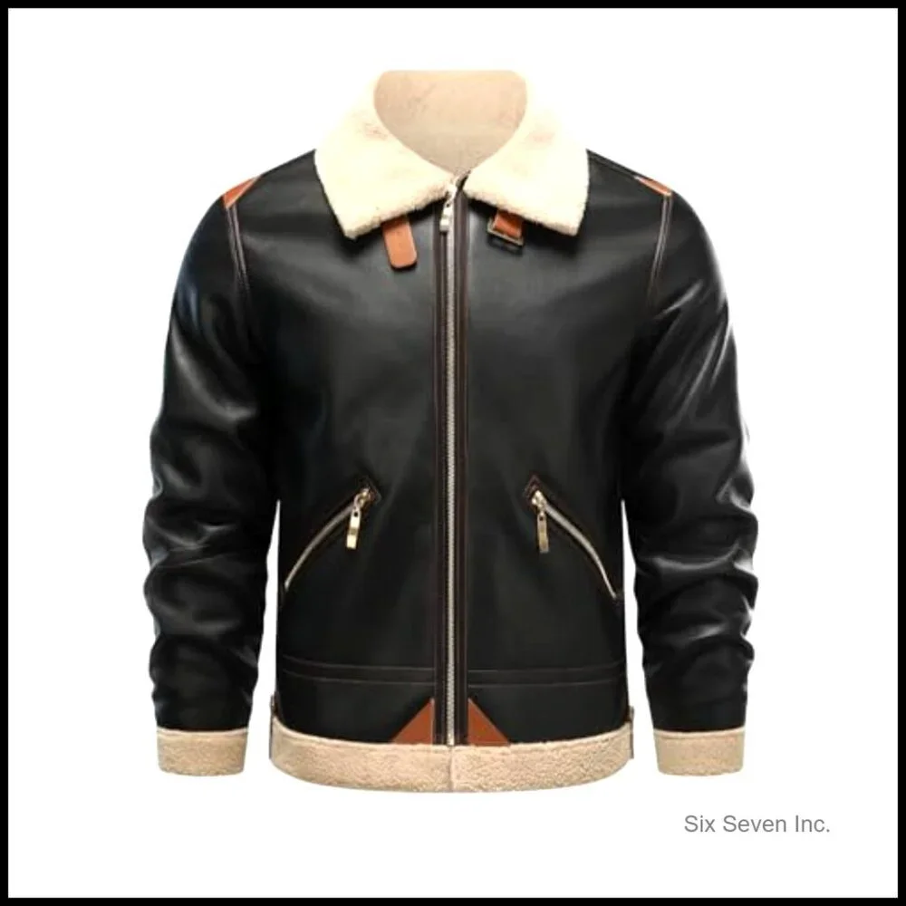 Men's Faux Leather Bomber Jacket with Faux Fleece Lining - Picture 2 of 3